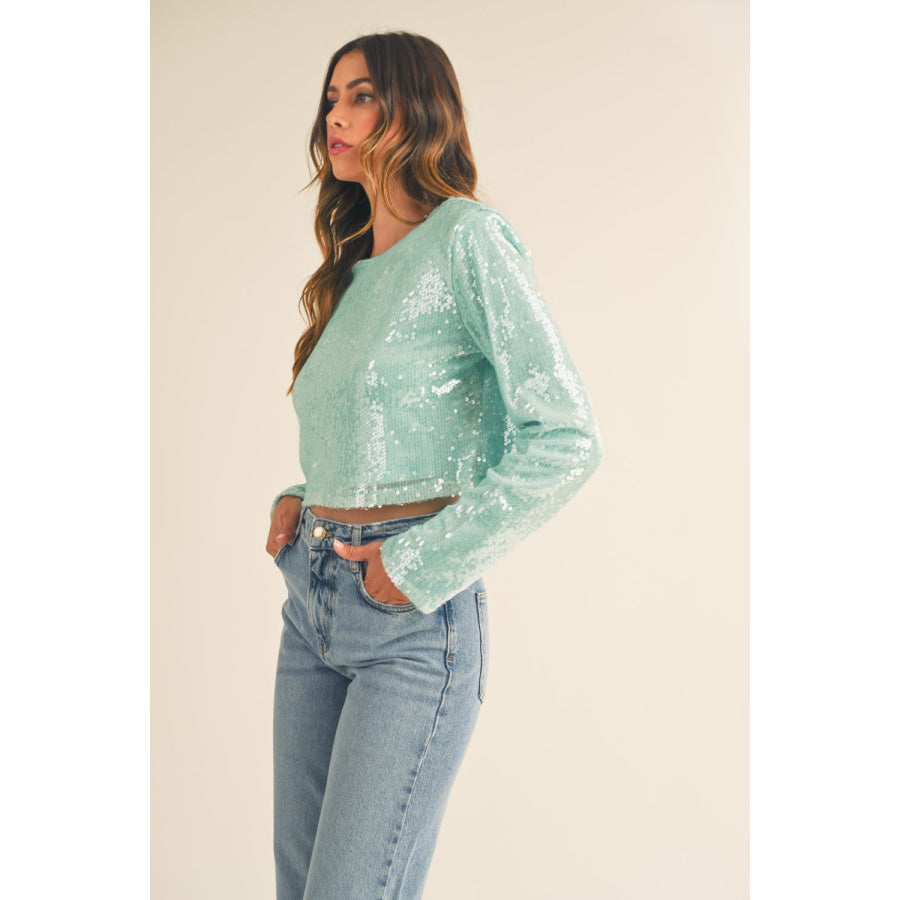 MABLE Shoulder Padded Sequin Crop Top Apparel and Accessories