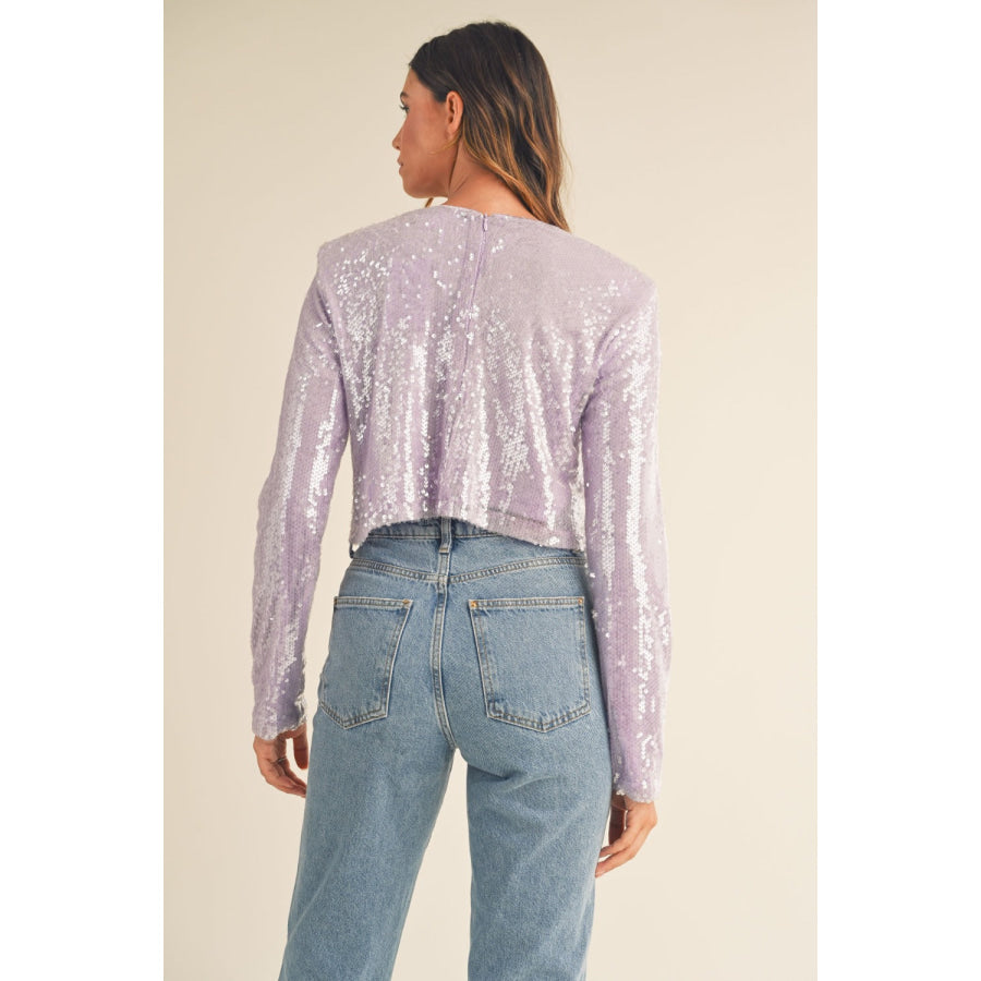 MABLE Shoulder Padded Sequin Crop Top Lavender / S Apparel and Accessories