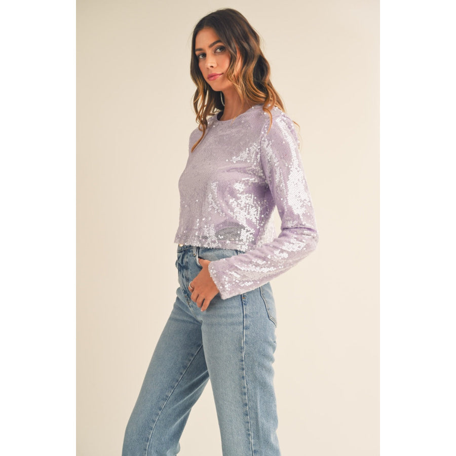 MABLE Shoulder Padded Sequin Crop Top Lavender / S Apparel and Accessories