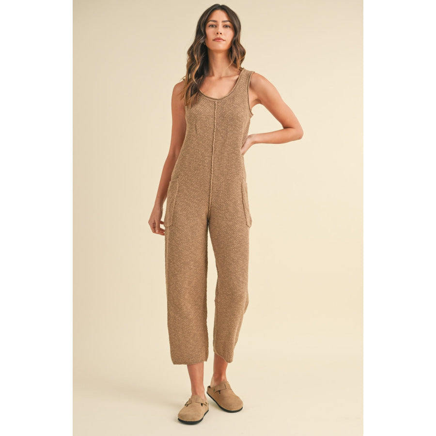 MABLE Sleeveless Knit Crop Jumpsuit with Pockets Mocha / S Apparel and Accessories