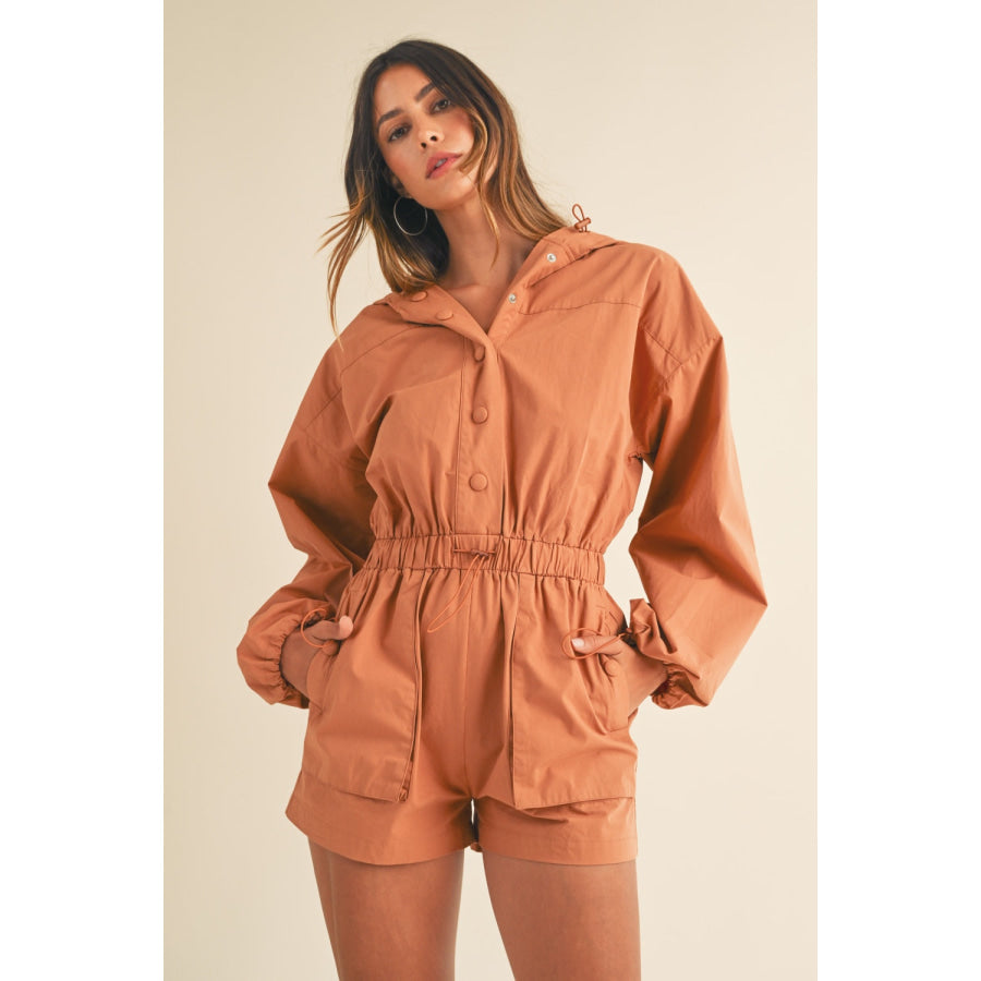 Mable Snap Down Long Sleeve Hooded Romper Tan / S Apparel and Accessories