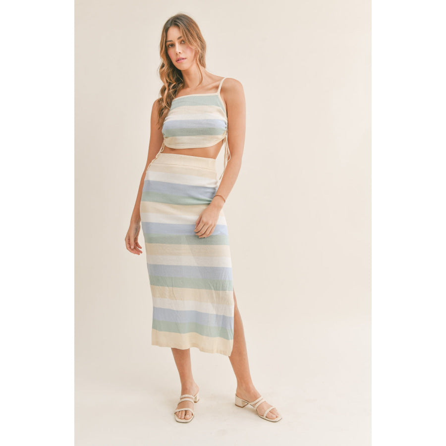 MABLE Striped Knit Cami and Midi Skirt Set Blue / S Apparel and Accessories
