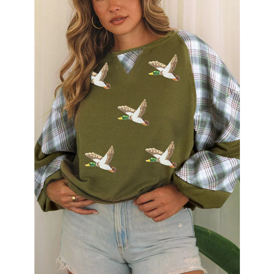 Mallard Print Plaid Patchwork Waffle Knit Top Apparel and Accessories