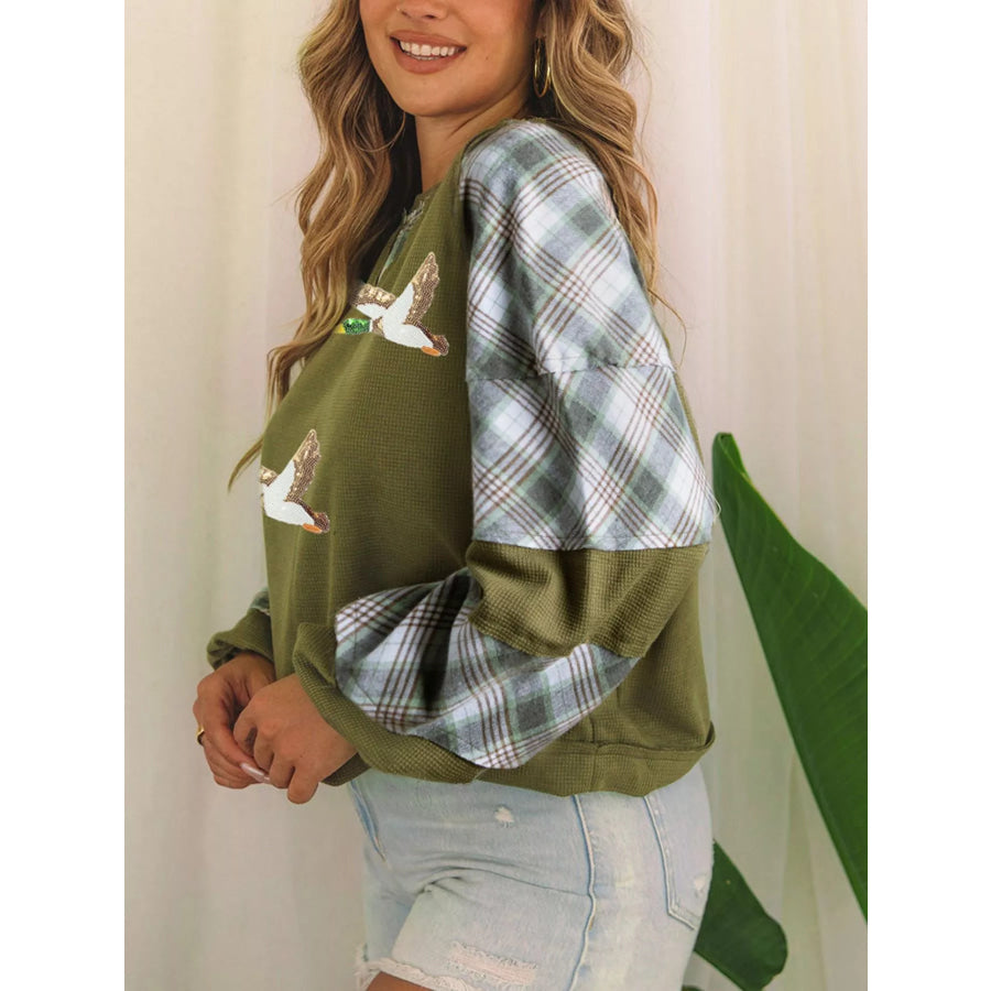 Mallard Print Plaid Patchwork Waffle Knit Top Apparel and Accessories