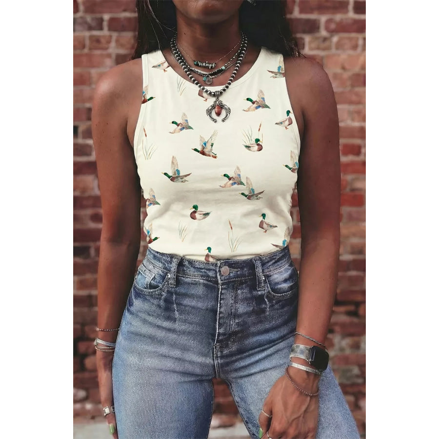 Mallard Print Western Style Tank Top Cream / S Apparel and Accessories