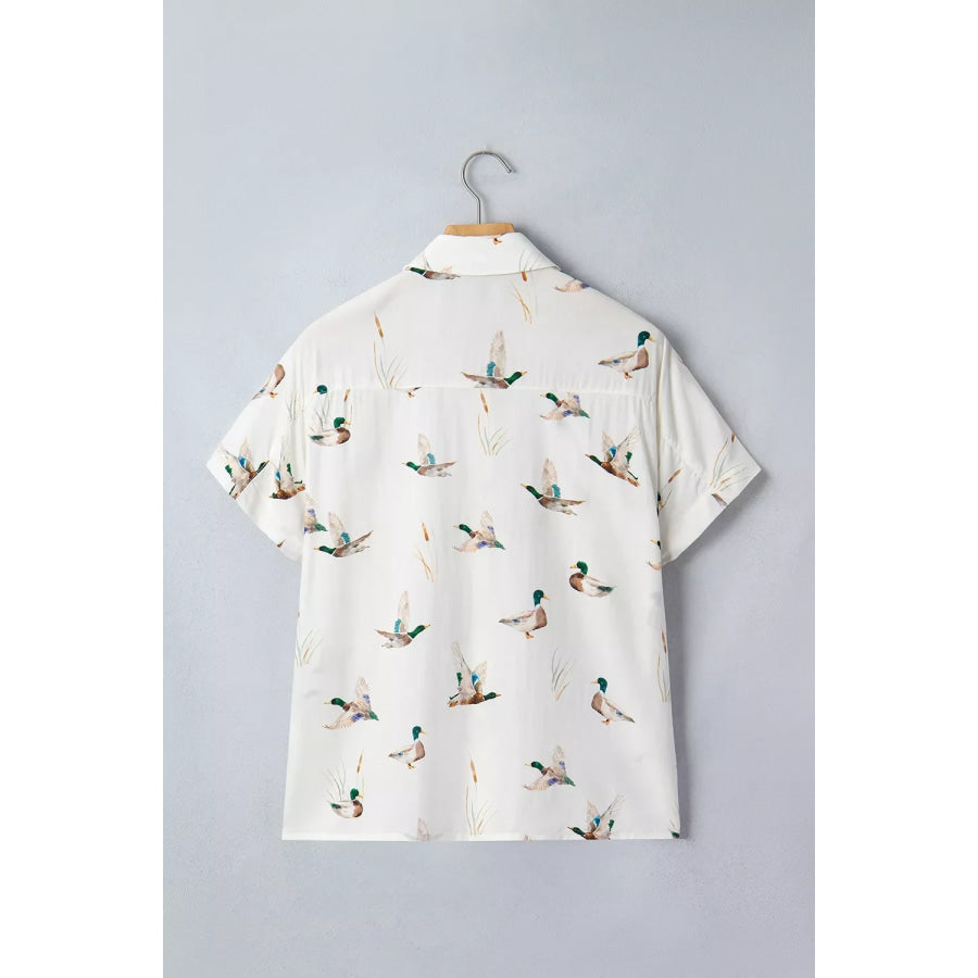 Mallard Printed Button Flap Pocket Short Sleeve Shirt Apparel and Accessories