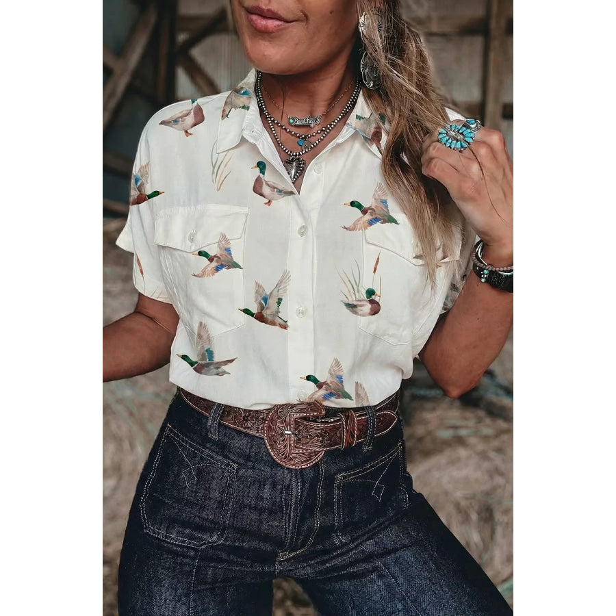 Mallard Printed Button Flap Pocket Short Sleeve Shirt Apparel and Accessories