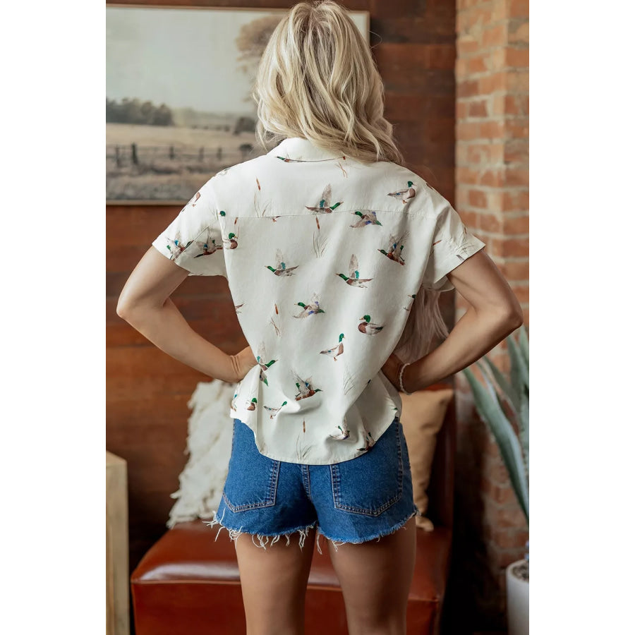 Mallard Printed Button Flap Pocket Short Sleeve Shirt Apparel and Accessories