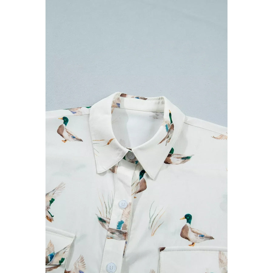 Mallard Printed Button Flap Pocket Short Sleeve Shirt Apparel and Accessories