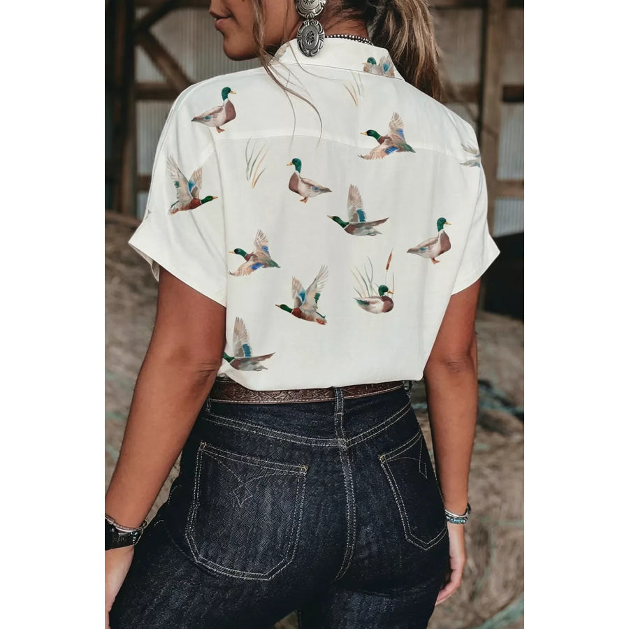 Mallard Printed Button Flap Pocket Short Sleeve Shirt Apparel and Accessories