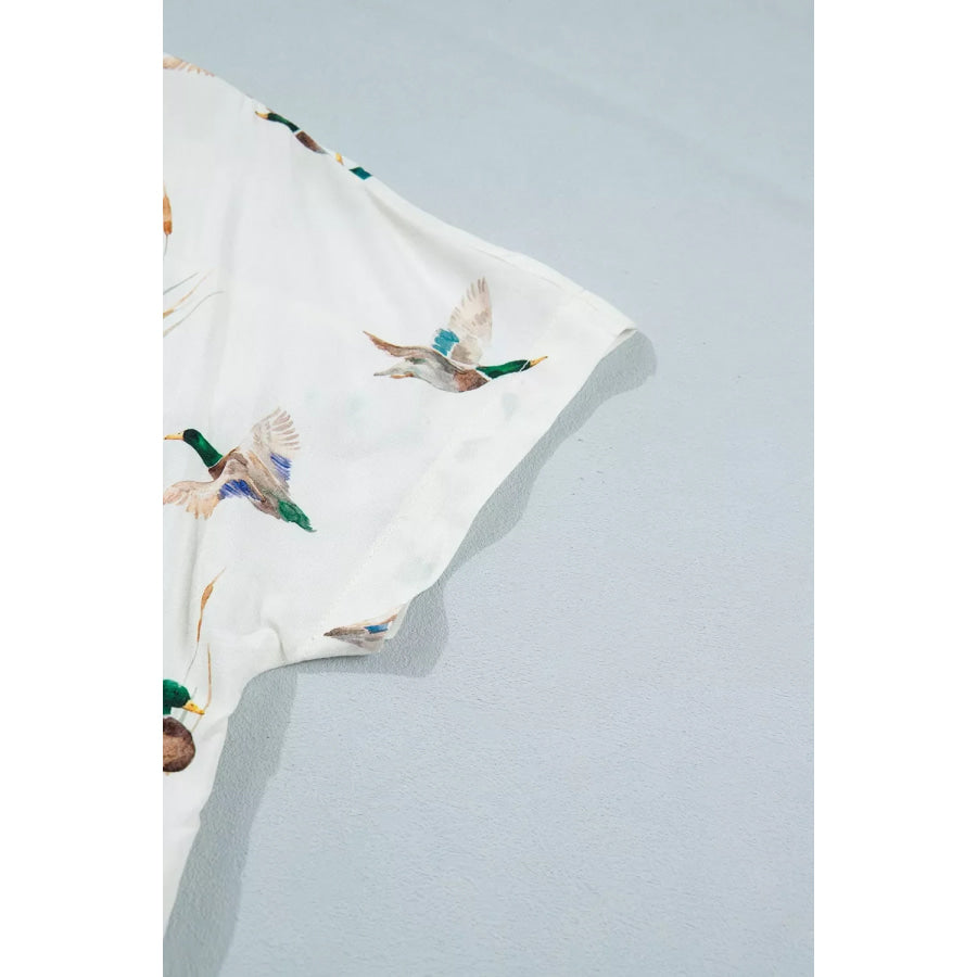 Mallard Printed Button Flap Pocket Short Sleeve Shirt Apparel and Accessories