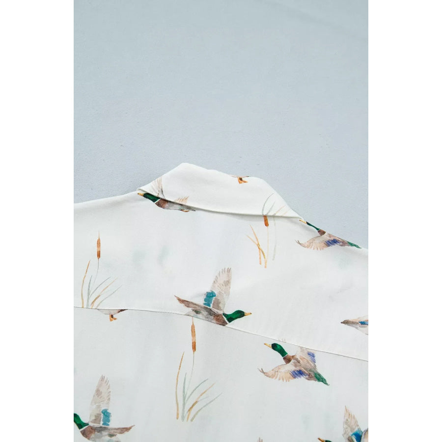 Mallard Printed Button Flap Pocket Short Sleeve Shirt Apparel and Accessories