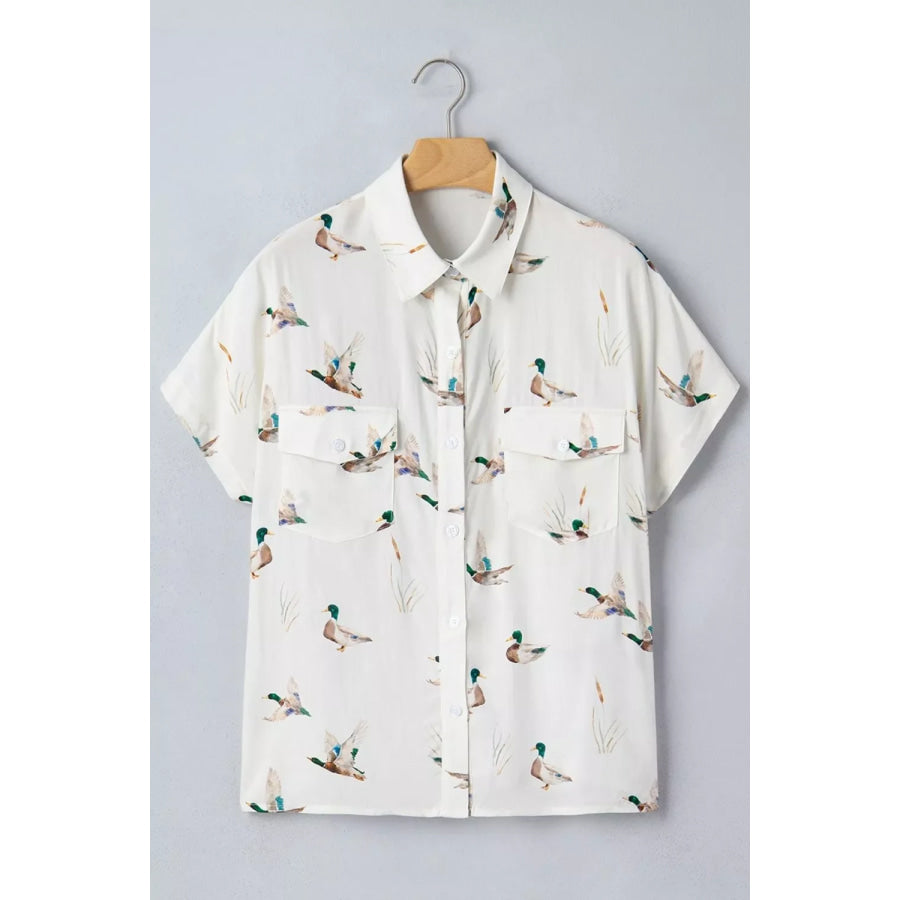 Mallard Printed Button Flap Pocket Short Sleeve Shirt Apparel and Accessories