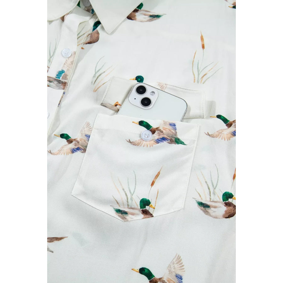 Mallard Printed Button Flap Pocket Short Sleeve Shirt Apparel and Accessories