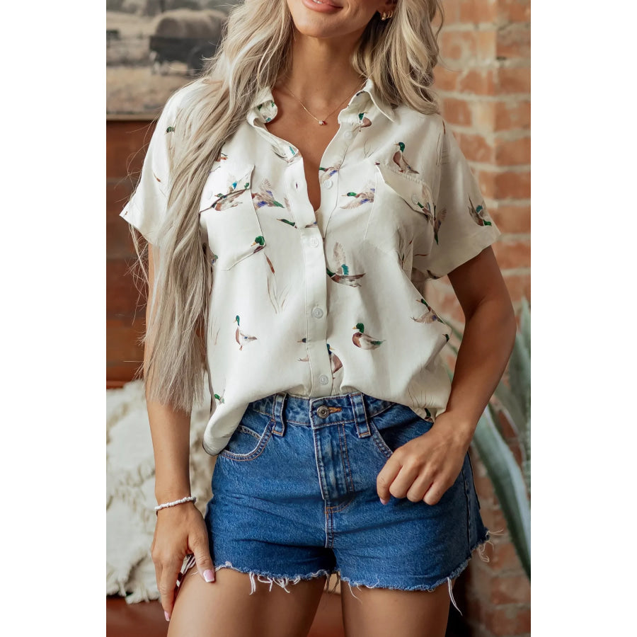 Mallard Printed Button Flap Pocket Short Sleeve Shirt Apparel and Accessories