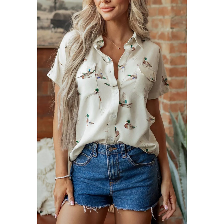 Mallard Printed Button Flap Pocket Short Sleeve Shirt White / S Apparel and Accessories
