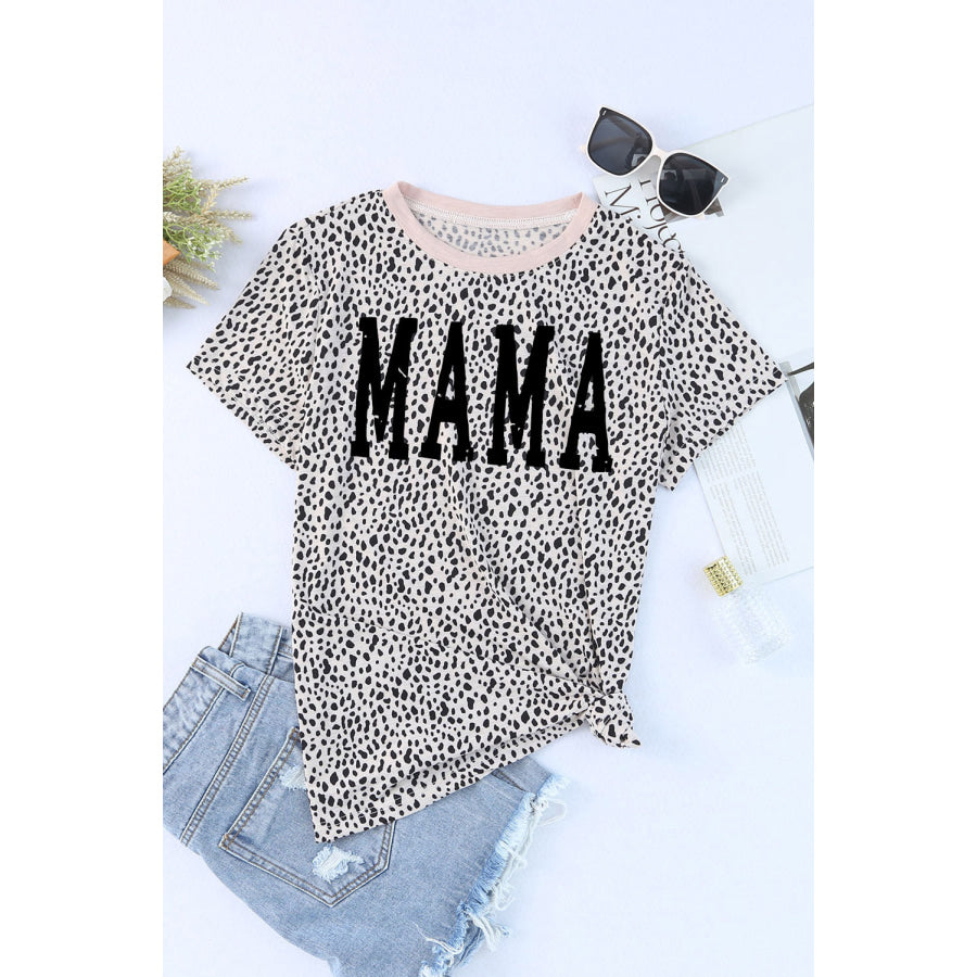 MAMA Animal Print Round Neck Short Sleeve T - Shirt Apparel and Accessories