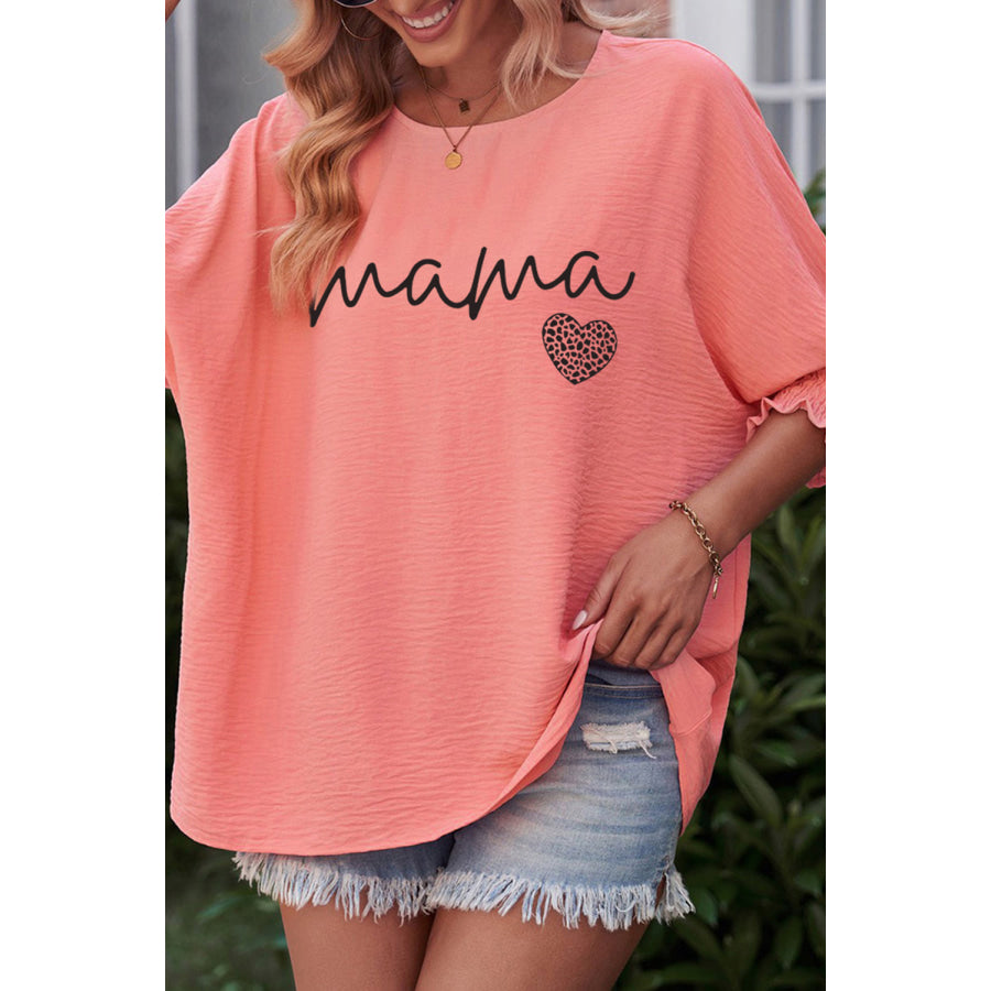 MAMA Round Neck Lantern Sleeve Blouse Coral / S Apparel and Accessories