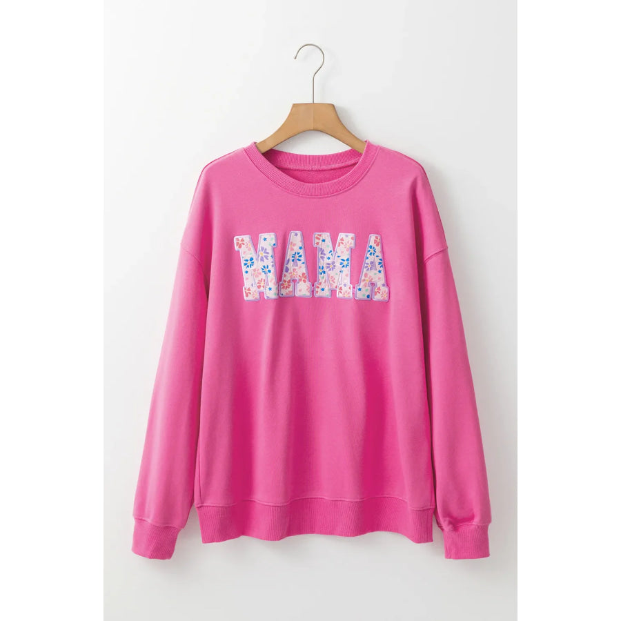 MAMA Round Neck Long Sleeve Sweatshirt Fuchsia Pink / S Apparel and Accessories