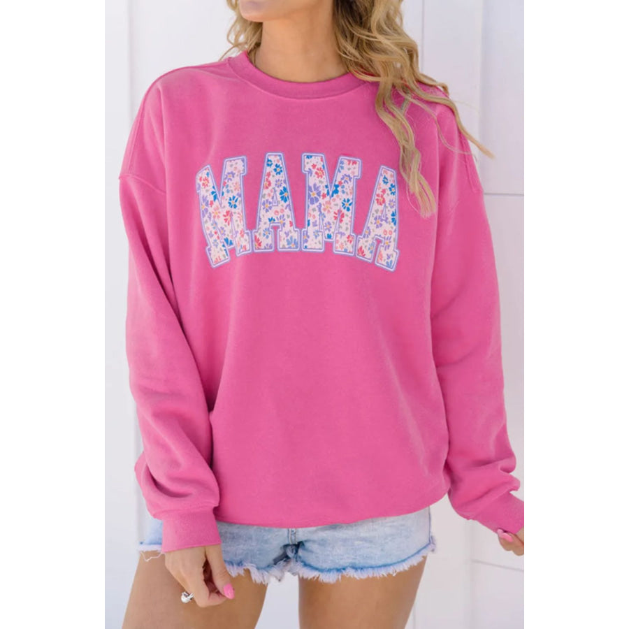 MAMA Round Neck Long Sleeve Sweatshirt Fuchsia Pink / S Apparel and Accessories