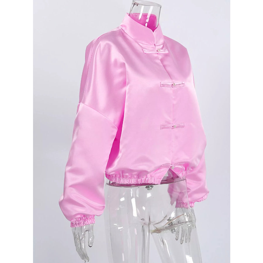 Mandarin Collar Pearl Button Shacket Apparel and Accessories