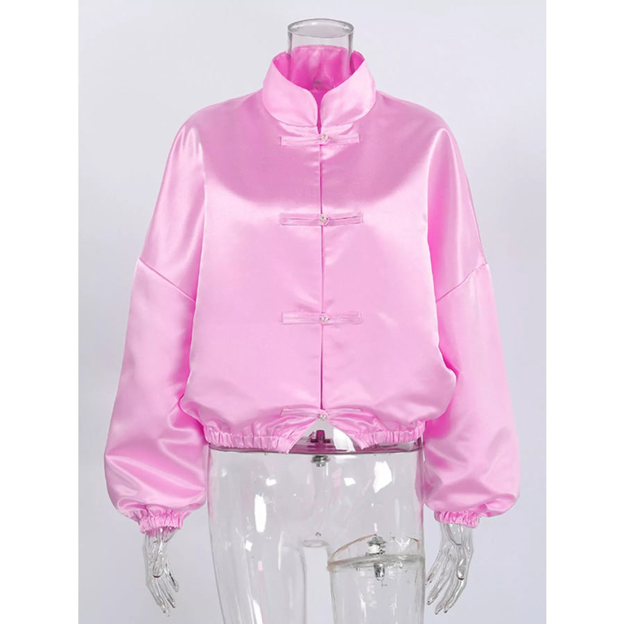 Mandarin Collar Pearl Button Shacket Apparel and Accessories