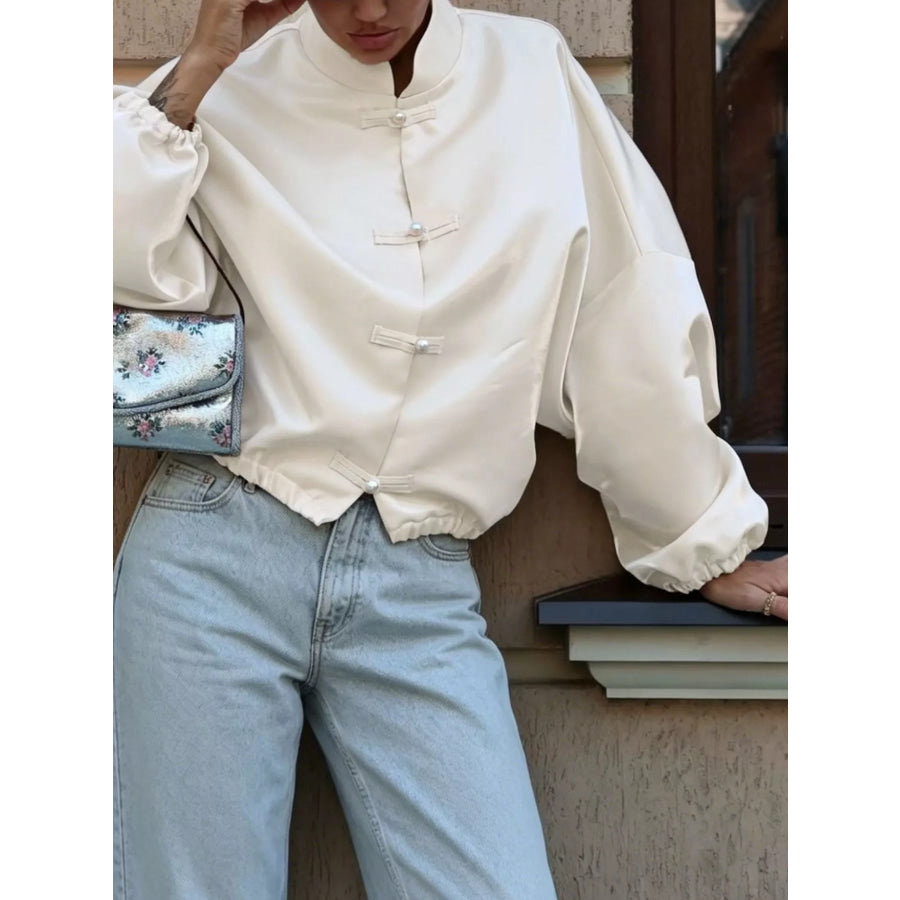 Mandarin Collar Pearl Button Shacket Apparel and Accessories