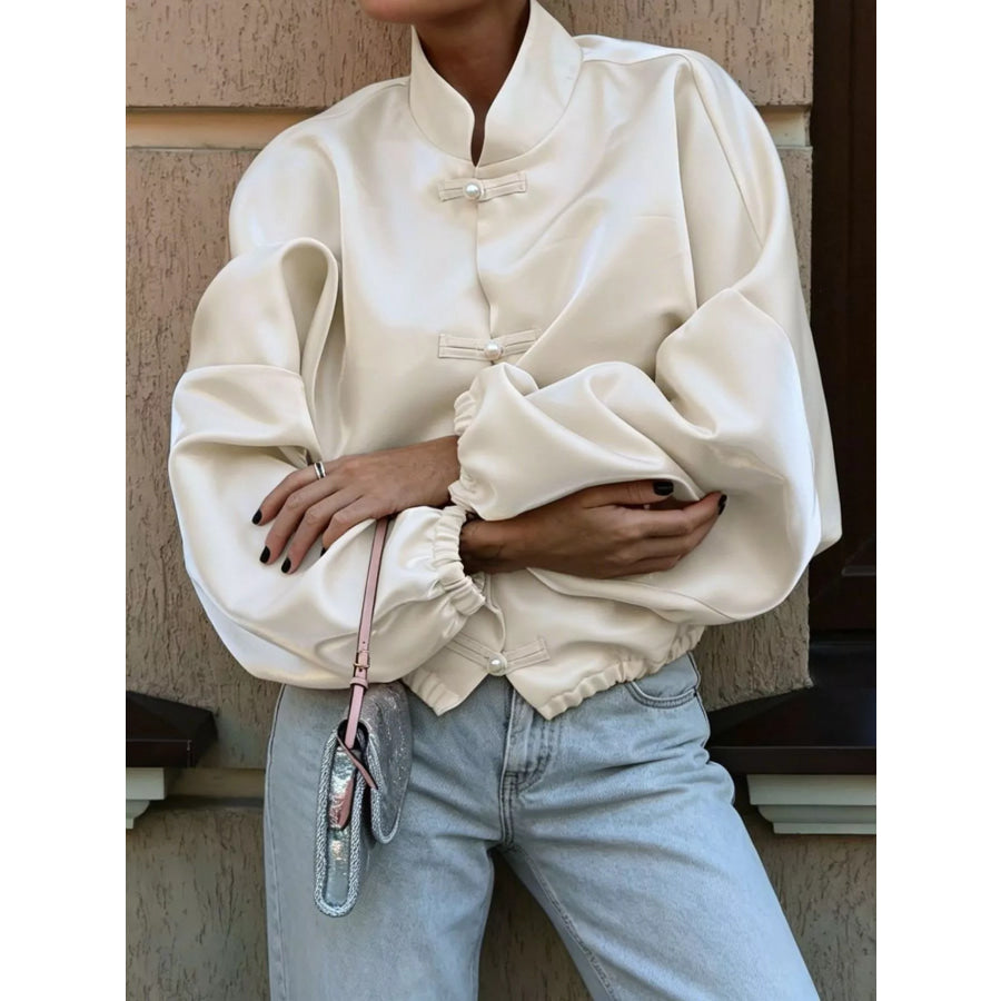 Mandarin Collar Pearl Button Shacket Apparel and Accessories