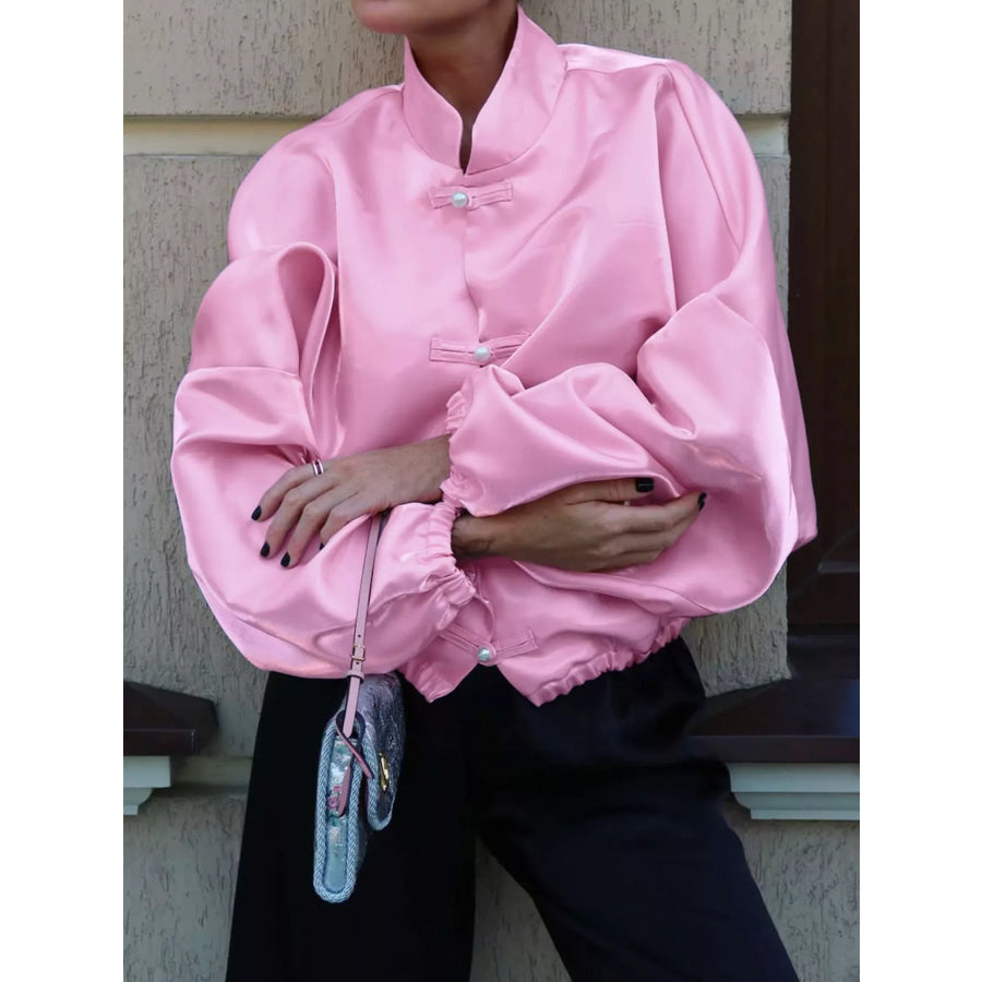 Mandarin Collar Pearl Button Shacket Apparel and Accessories