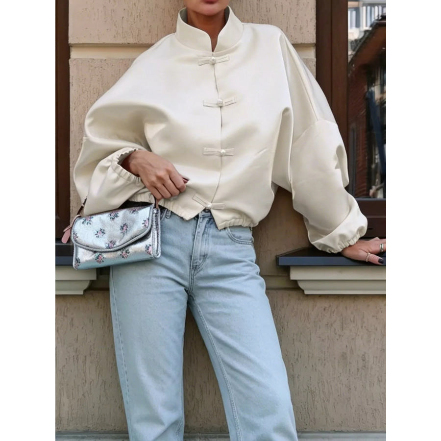 Mandarin Collar Pearl Button Shacket Apricot / S Apparel and Accessories