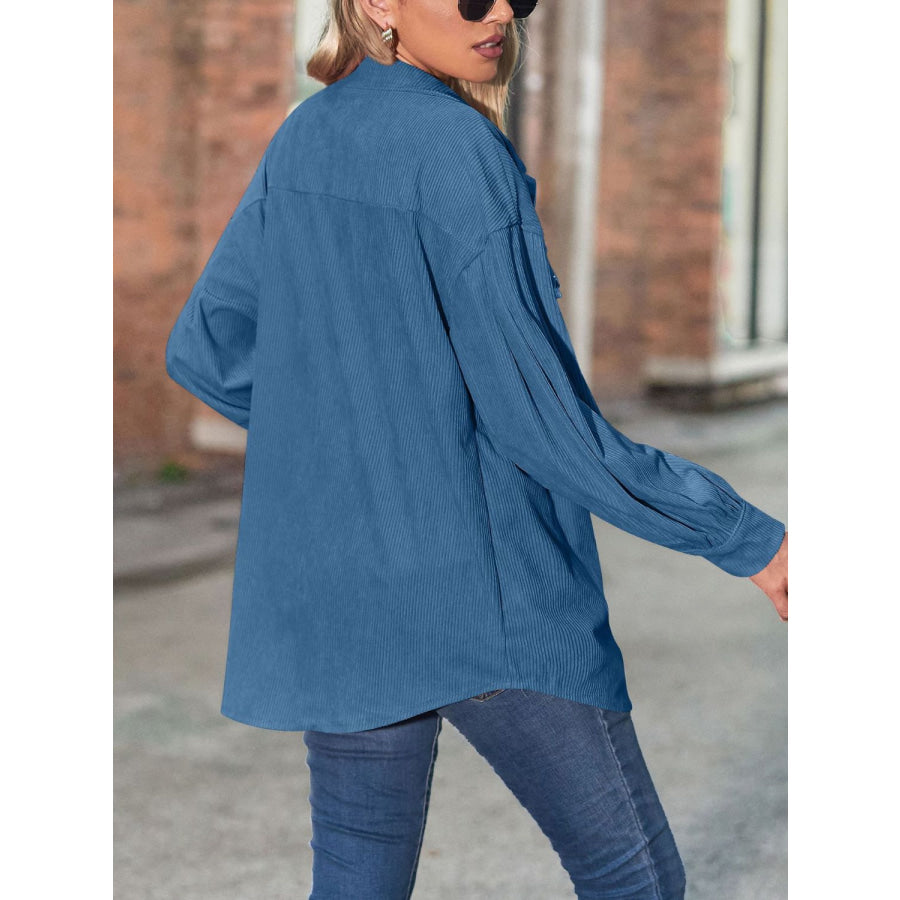 Mandy Button Up Collared Neck Long Sleeve Shirt Peacock Blue / S Apparel and Accessories