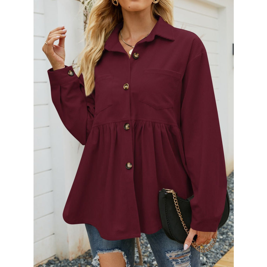 Mandy Button Up Long Sleeve Shirt Burgundy / S Apparel and Accessories