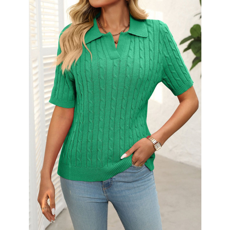 Mandy Cable Knit Johnny Collar Half Sleeve Sweater Green / S Apparel and Accessories