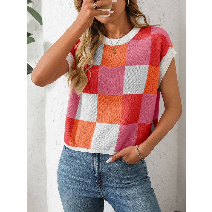 Mandy Checkered Round Neck Cap Sleeve Knit Top Apparel and Accessories