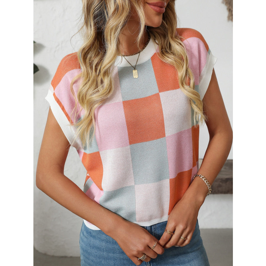 Mandy Checkered Round Neck Cap Sleeve Knit Top Apparel and Accessories