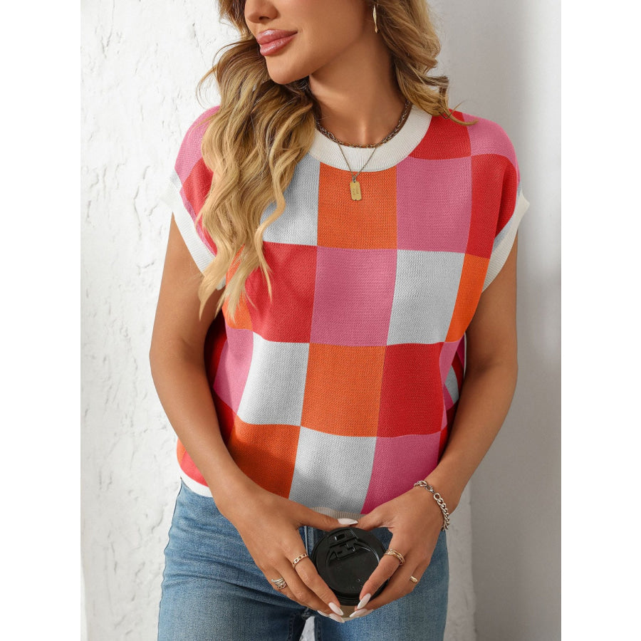 Mandy Checkered Round Neck Cap Sleeve Knit Top Apparel and Accessories