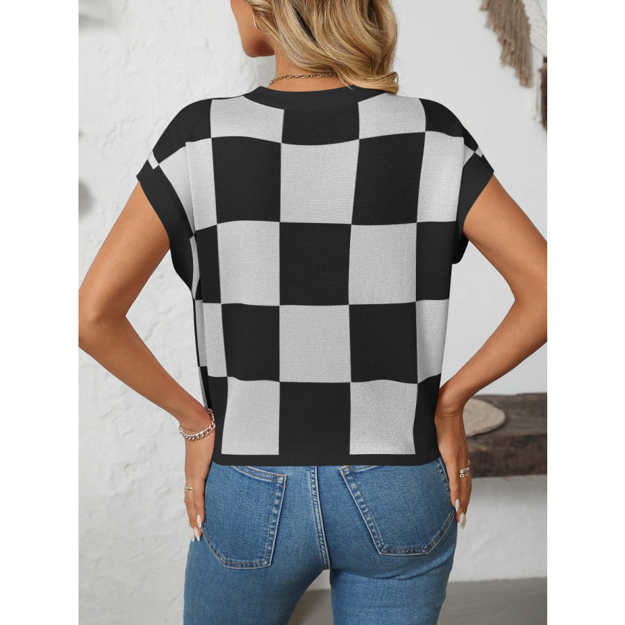 Mandy Checkered Round Neck Cap Sleeve Knit Top Apparel and Accessories