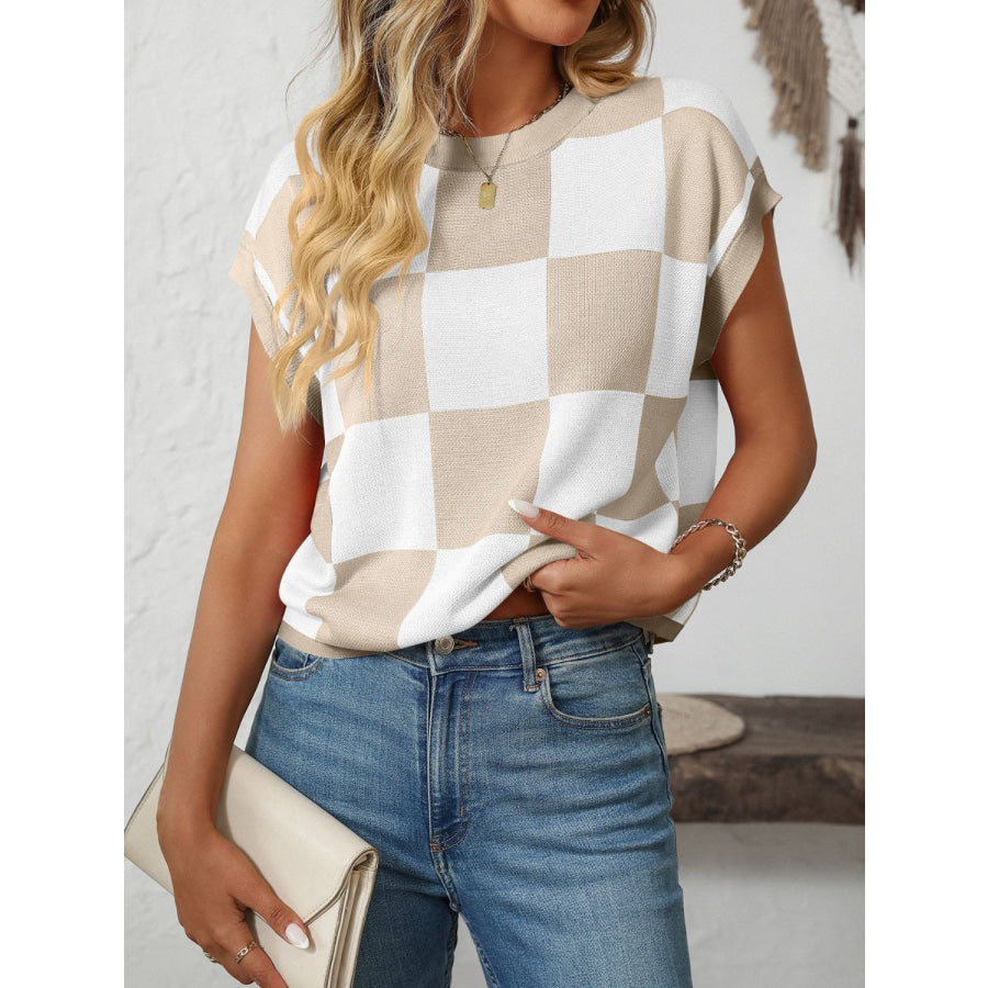 Mandy Checkered Round Neck Cap Sleeve Knit Top Apparel and Accessories