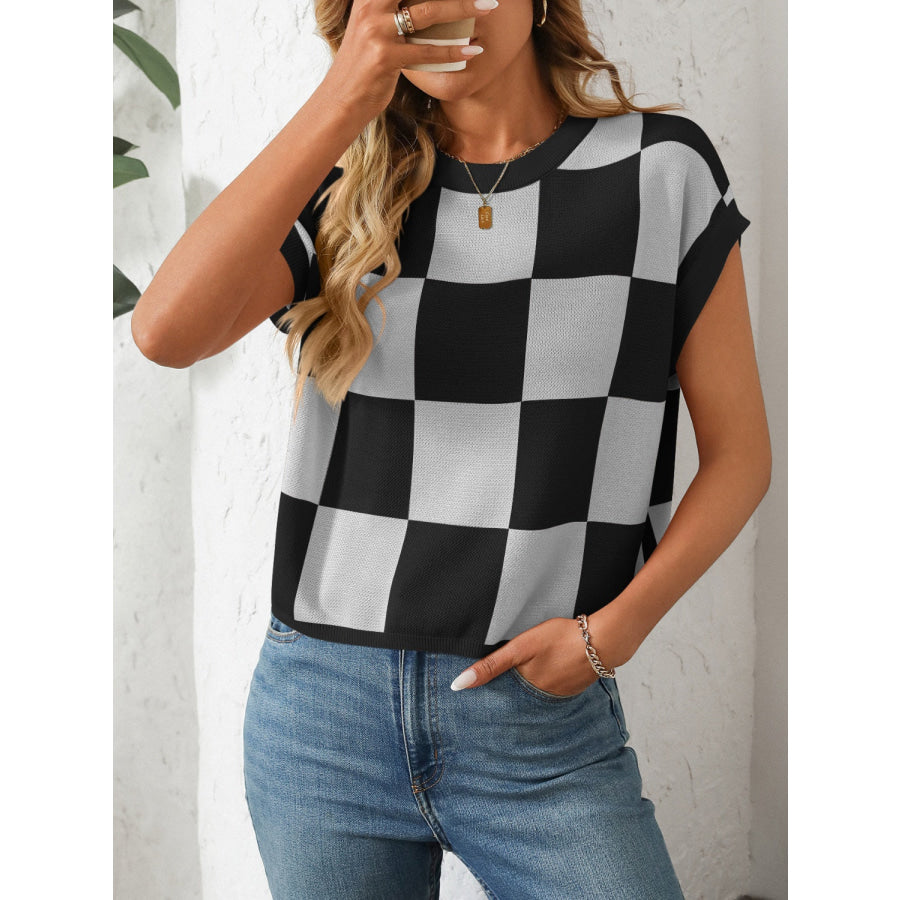 Mandy Checkered Round Neck Cap Sleeve Knit Top Apparel and Accessories