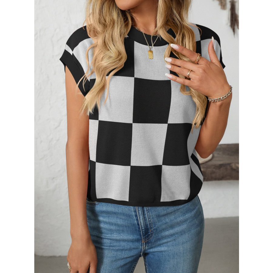 Mandy Checkered Round Neck Cap Sleeve Knit Top Apparel and Accessories