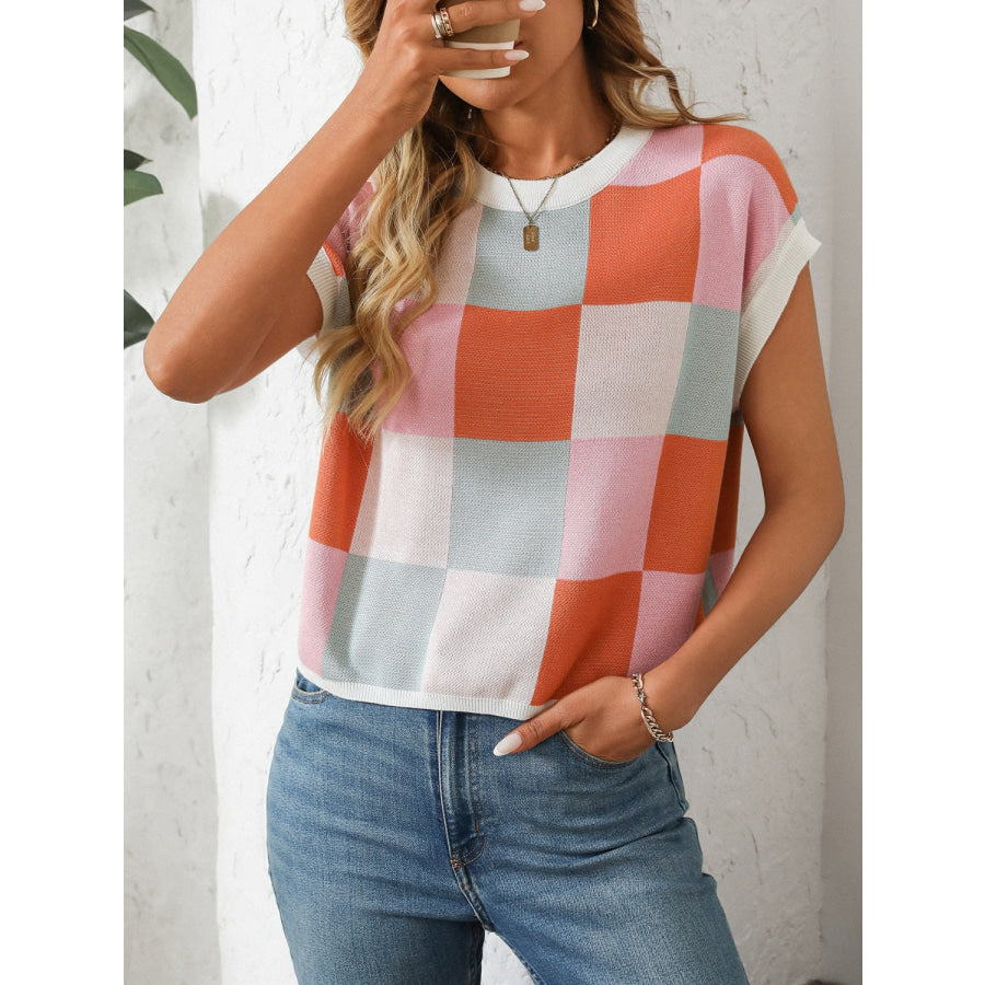 Mandy Checkered Round Neck Cap Sleeve Knit Top Pink/Orange / S Apparel and Accessories