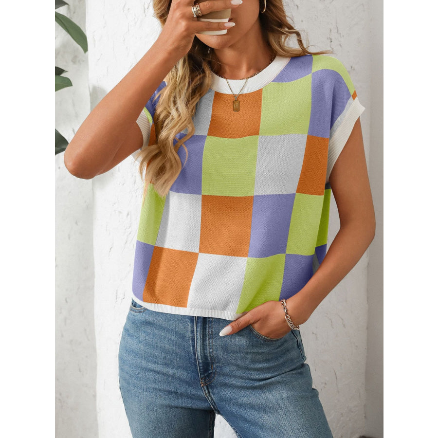 Mandy Checkered Round Neck Cap Sleeve Knit Top Apparel and Accessories