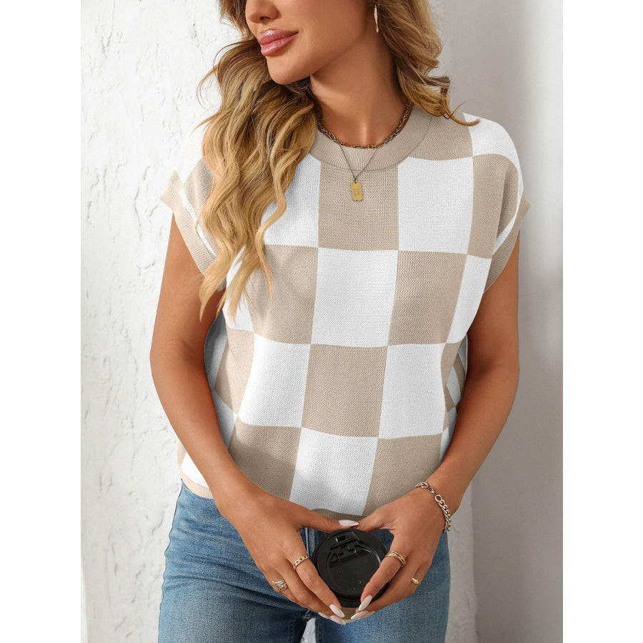 Mandy Checkered Round Neck Cap Sleeve Knit Top Apparel and Accessories