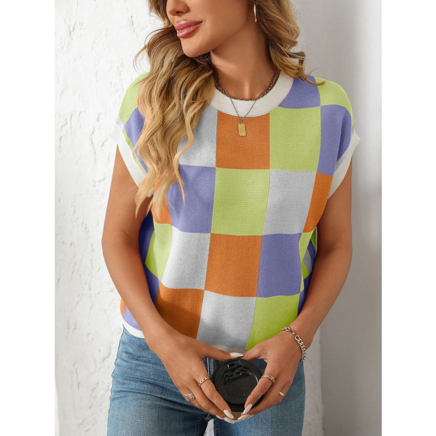 Mandy Checkered Round Neck Cap Sleeve Knit Top Apparel and Accessories