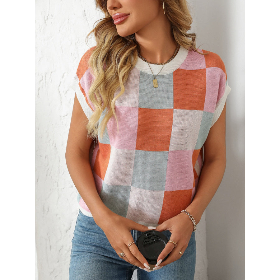 Mandy Checkered Round Neck Cap Sleeve Knit Top Apparel and Accessories