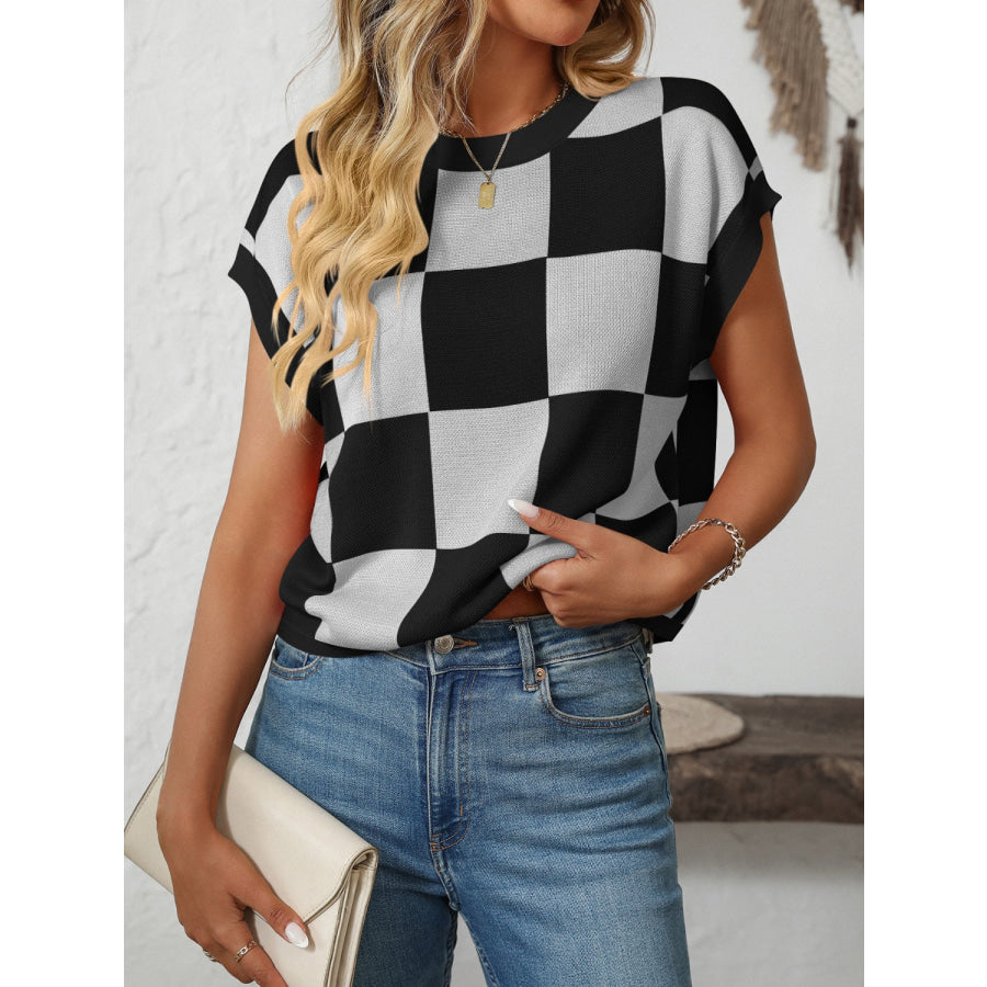 Mandy Checkered Round Neck Cap Sleeve Knit Top Black / S Apparel and Accessories