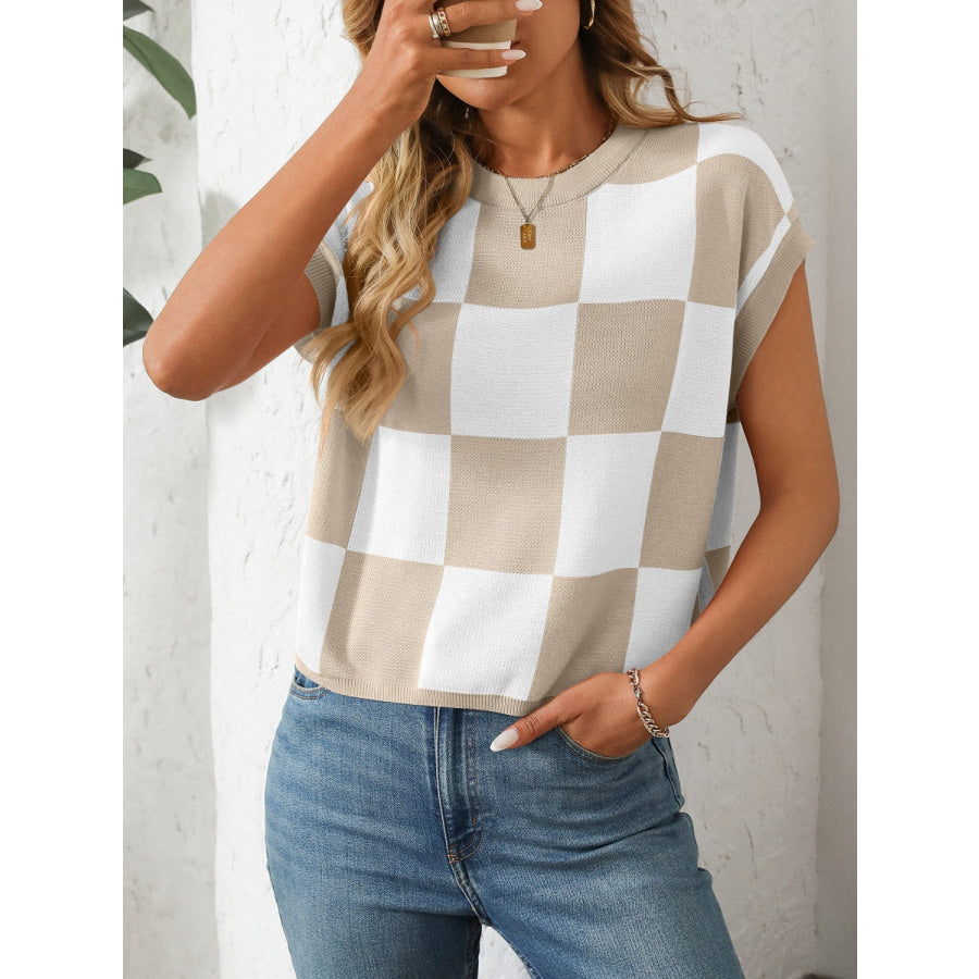 Mandy Checkered Round Neck Cap Sleeve Knit Top Khaki / S Apparel and Accessories