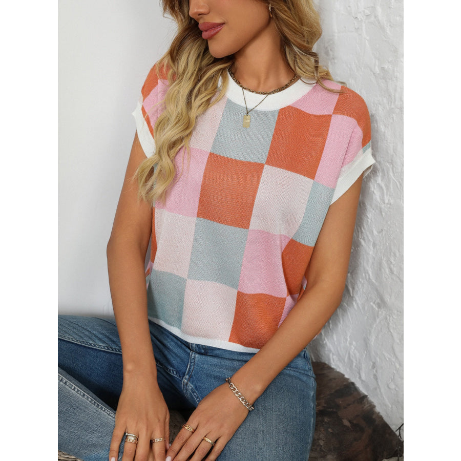 Mandy Checkered Round Neck Cap Sleeve Knit Top Pink/Orange / S Apparel and Accessories