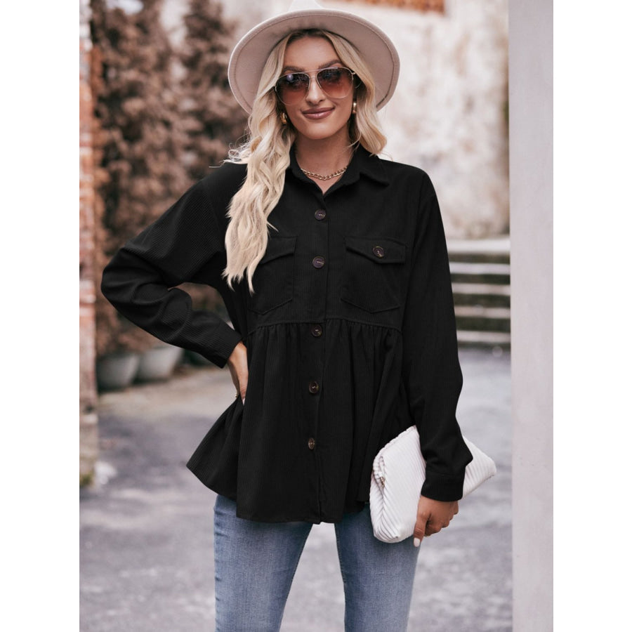 Mandy Collared Neck Long Sleeve Shirt Black / S Apparel and Accessories