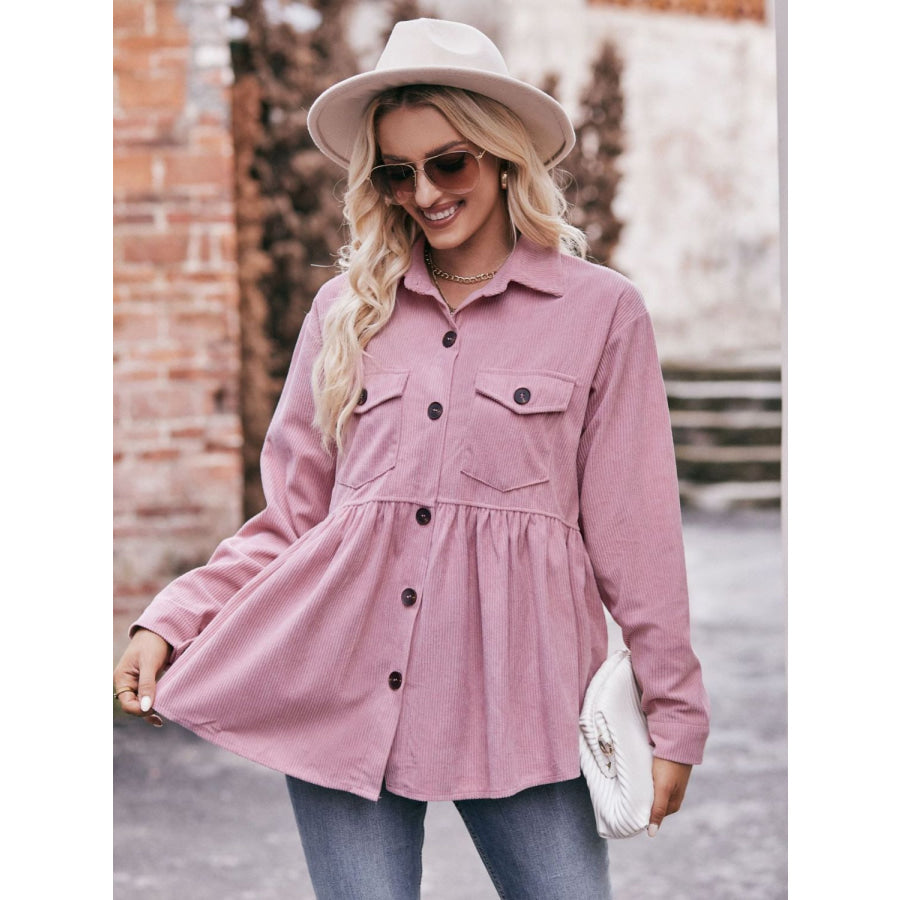 Mandy Collared Neck Long Sleeve Shirt Pink Purple / S Apparel and Accessories